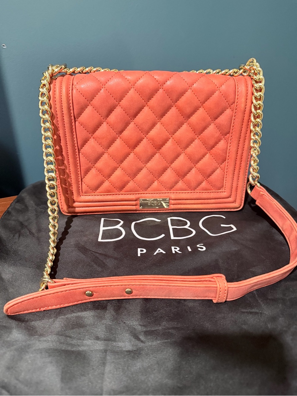 BCBG Quilted Coral Crossbody with Gold Chain